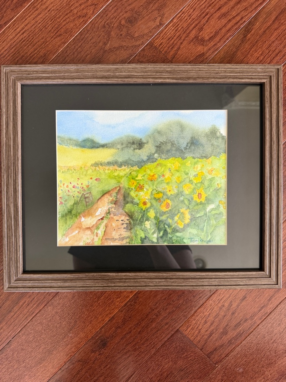 Framed Sunflower Field Watercolor Painting.  Artist signed.